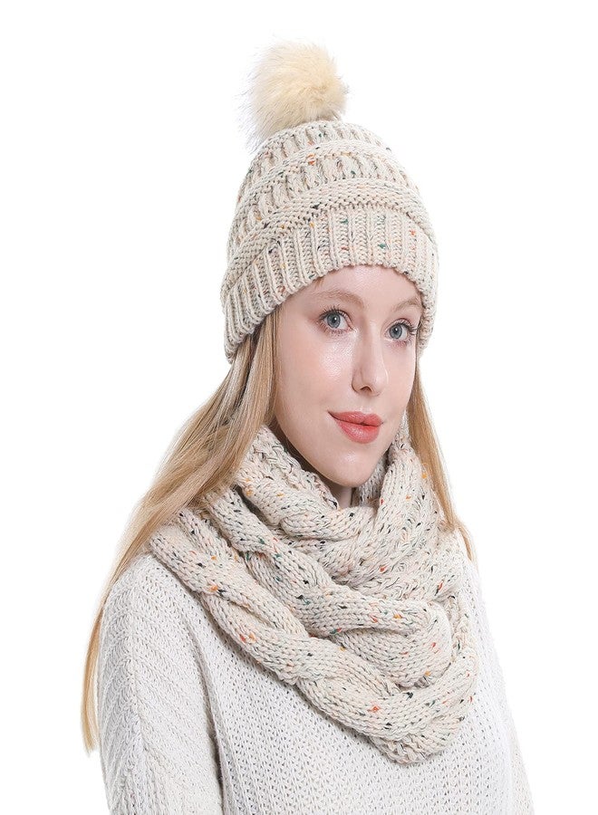 Double Couple Womens Scarf Beanie Hat with Faux Fur Ball Set Thick Winter Cable Knitted Circle Loop Infinity Scarfs for Women (Mix Beige Pom Pom Set) - Image 4